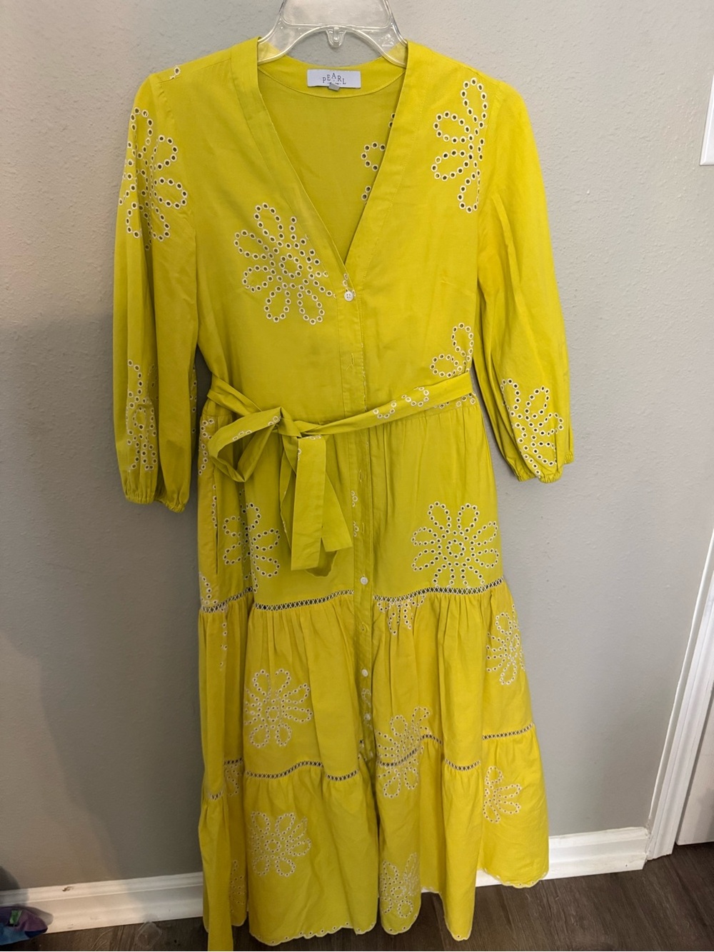 Pearl Yellow Eyelet Maxi Dress with Tie Waist